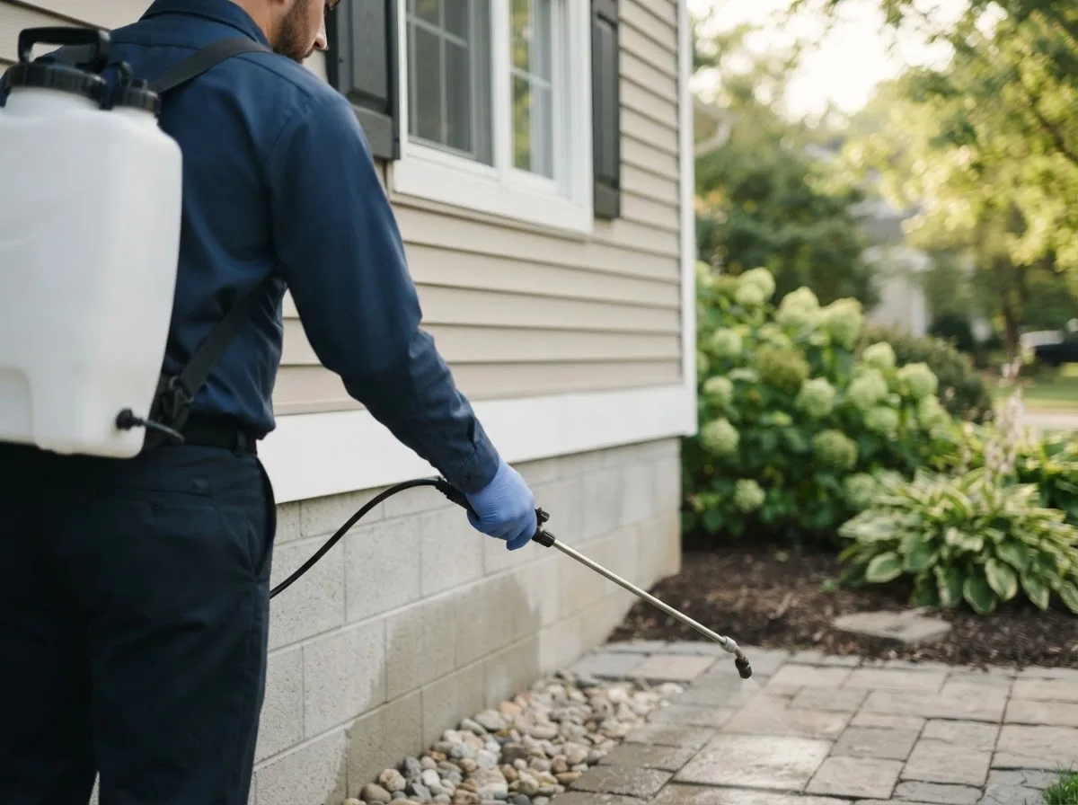Pest control technician inspecting a home in Columbus, PA